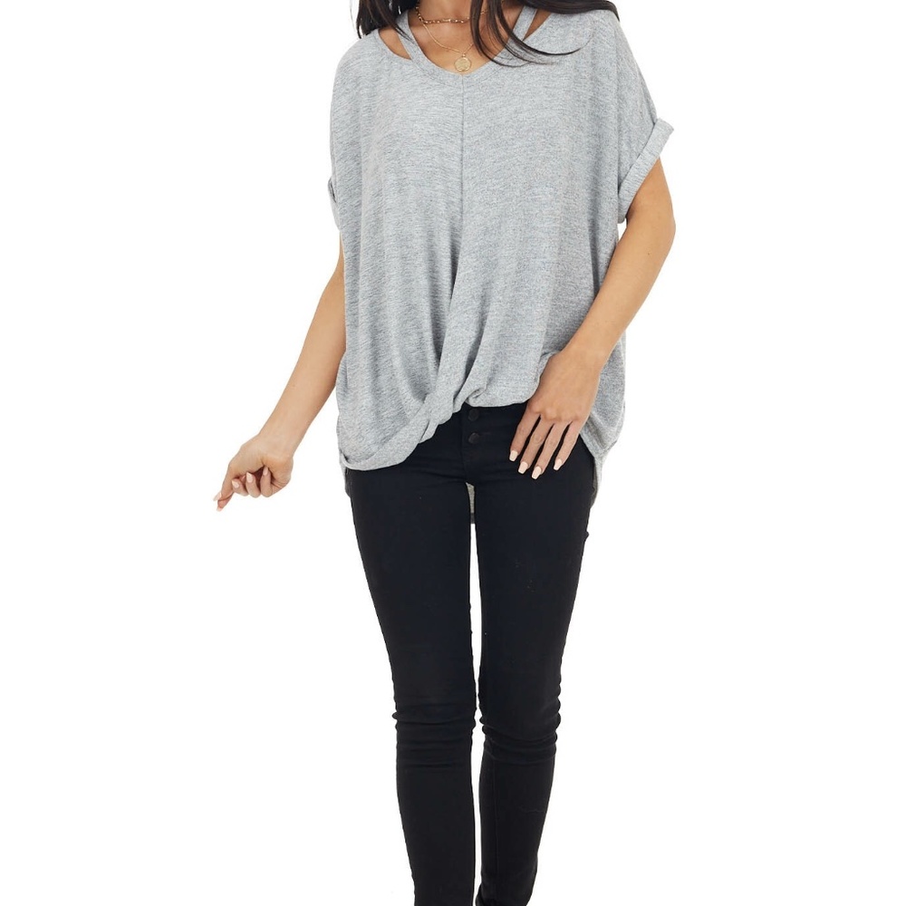 She and Sky Grey Knit Top with Bubble Hemline
